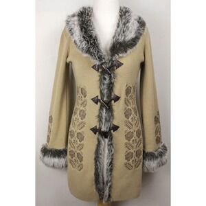 Bebe Faux Fur Trim Sweater Coat Toggle Cardigan Boho Y2K Beige Womens M Fitted